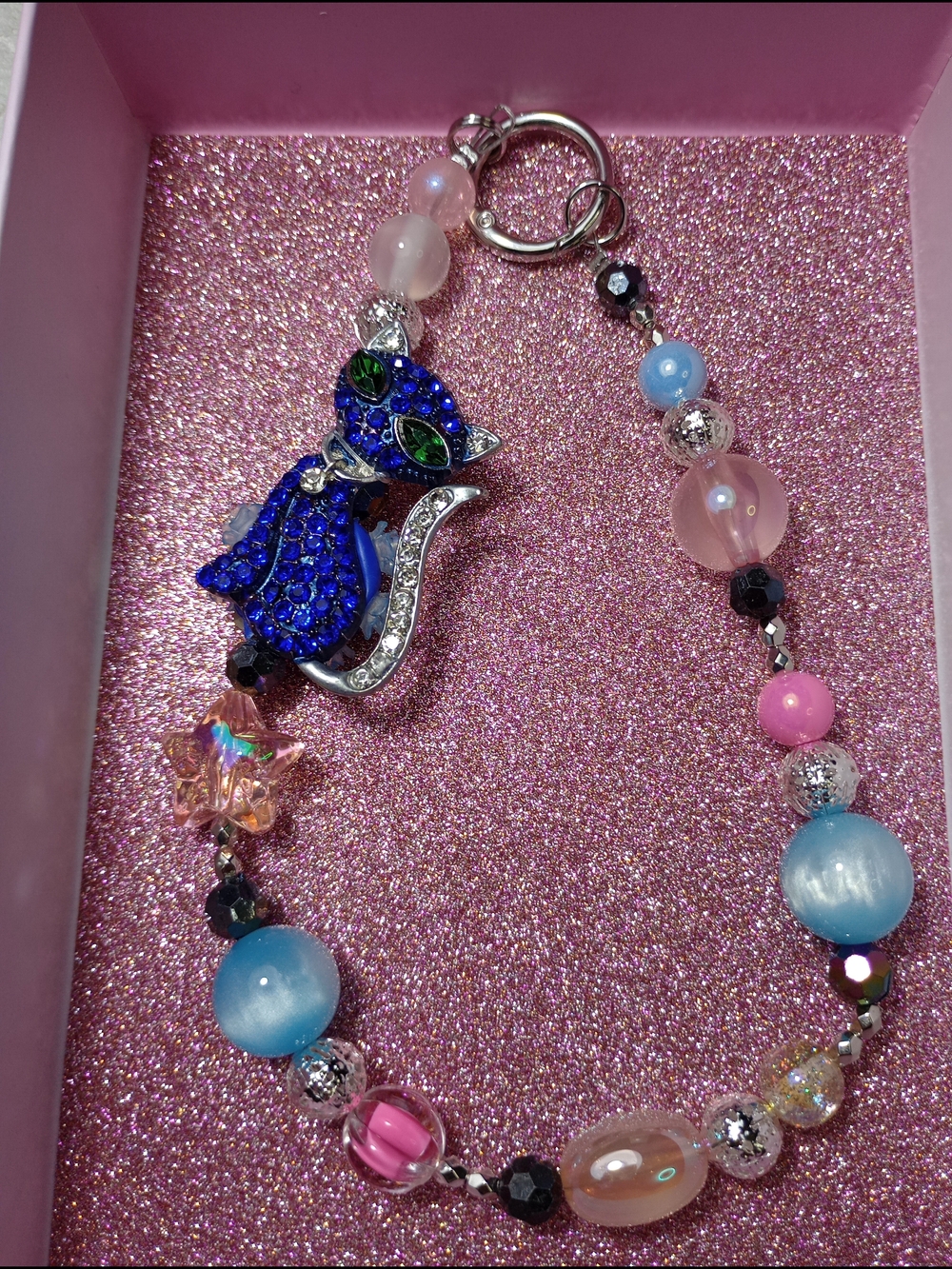 Blue Crystal Cat Beaded Phone Chain with Insert